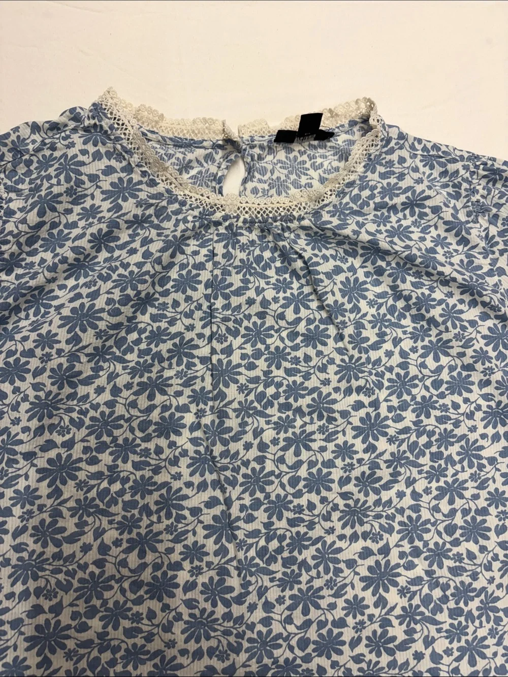J. Crew Blue Floral Lace-Trim Long-Sleeve Blouse
